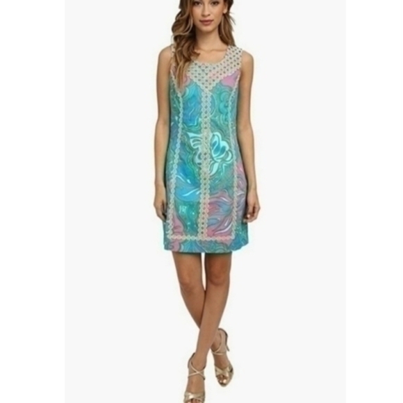 Lilly Pulitzer Macfarlane Lilly LoungePrint Shift Dress Size 2 Metallic Lace